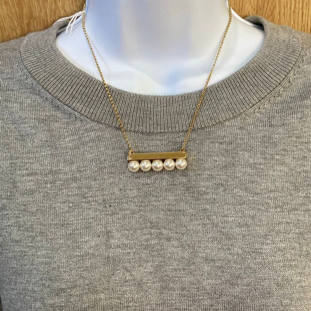 Gold Tone Faux Pearl Bar Pendant Necklace Minimalist Elegant 16-18"